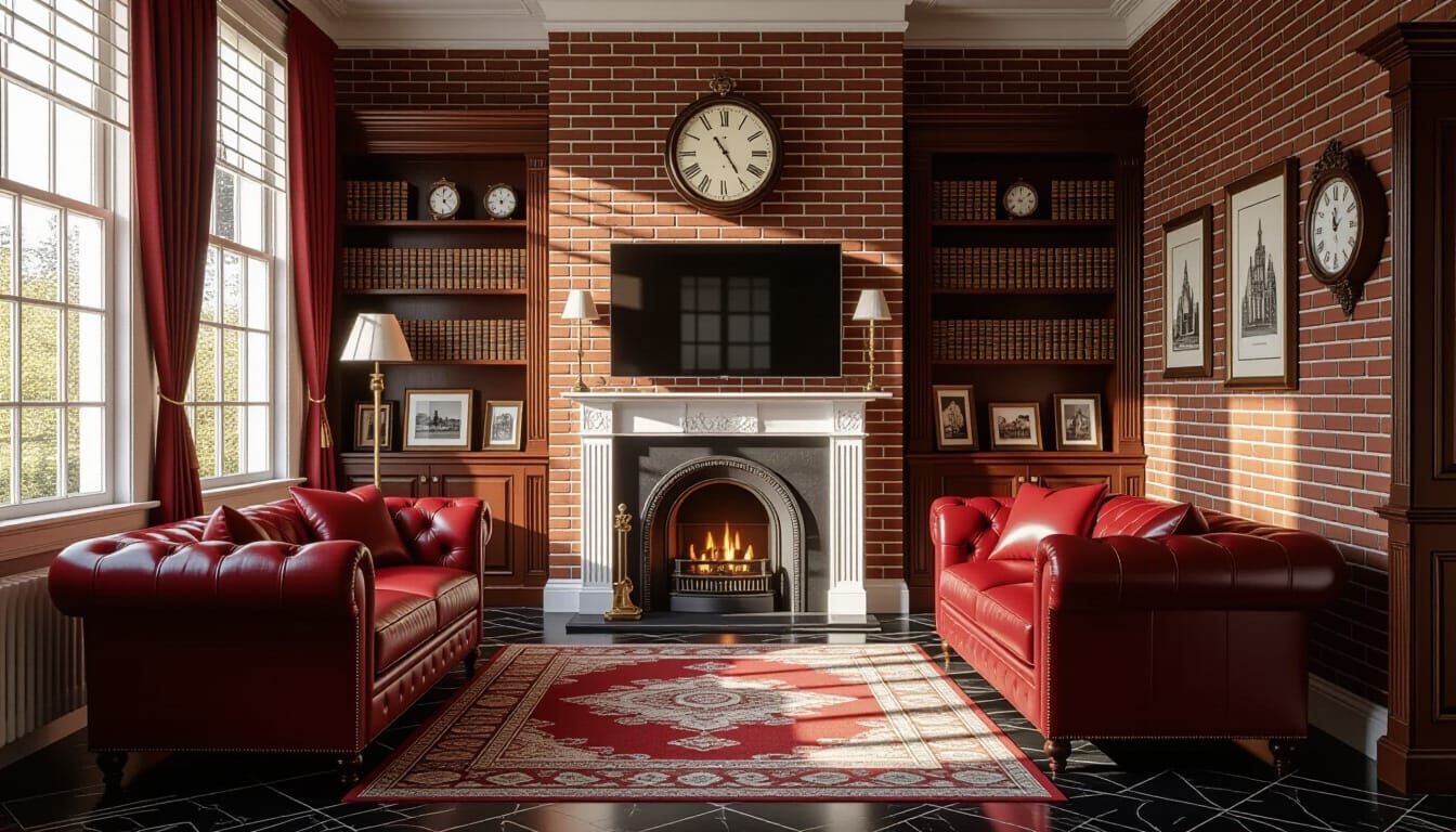 Victorian Living Room with Leather Sofa and Fireplace