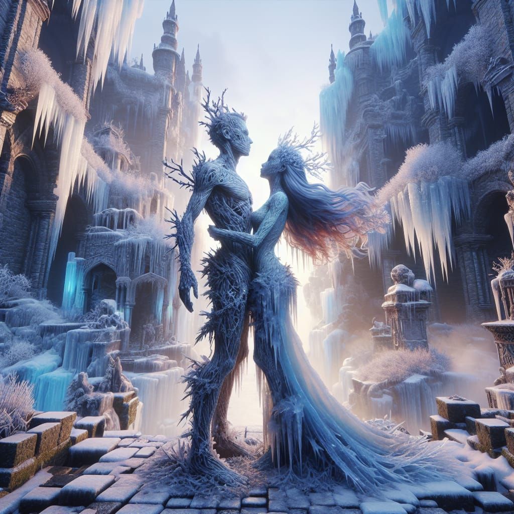 two lovers kissing (male and female turned into solid ice) a...