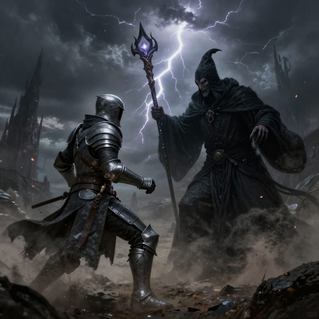 Grey Warden Battles Dark Wizard in Stormy Fantasy Landscape