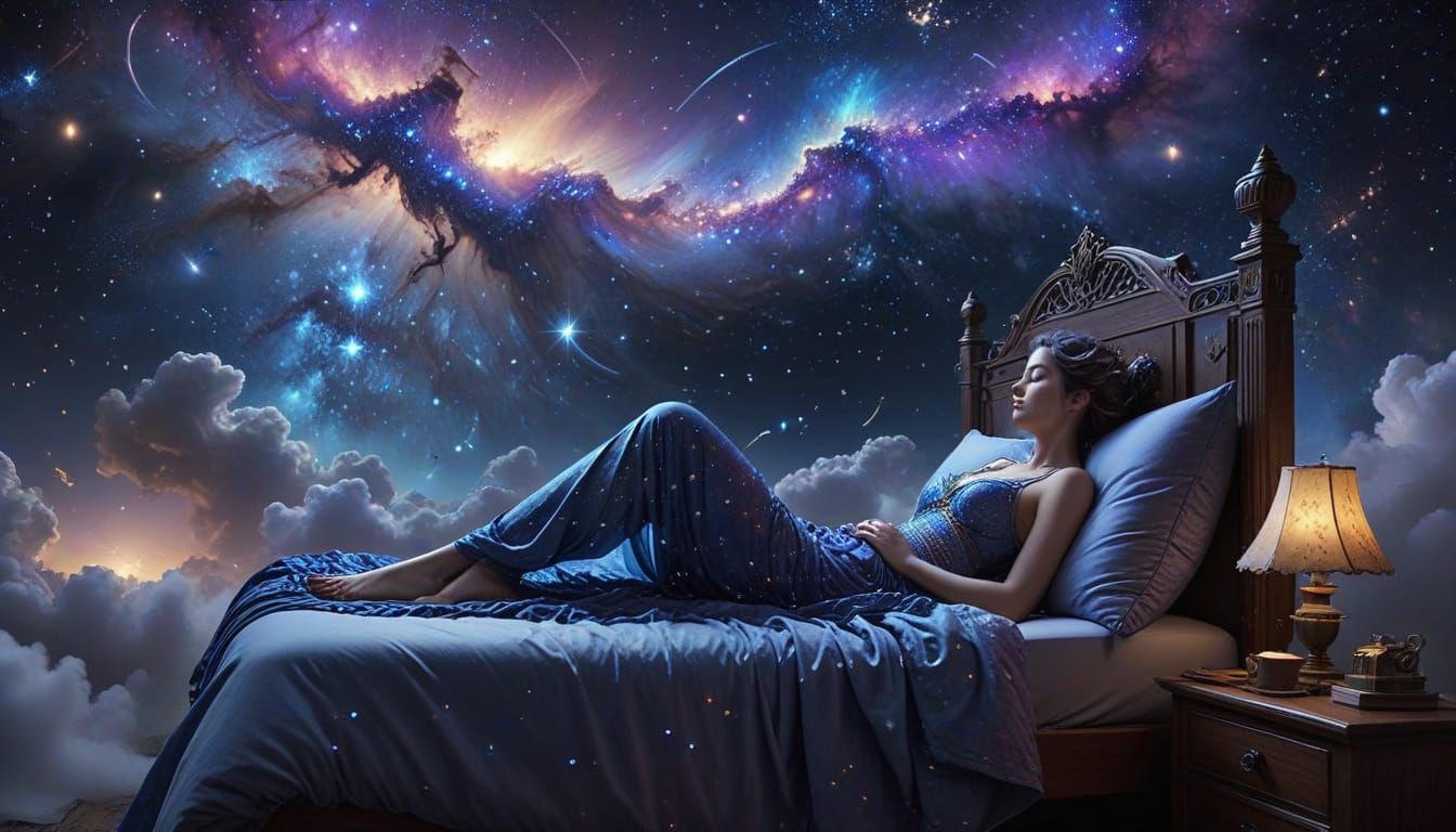 Dreamlike Cosmos with Celestial Figure and Fairies