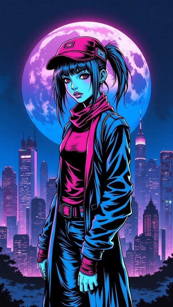 Cyberpunk Girl with Gothic Style Under Moonlight