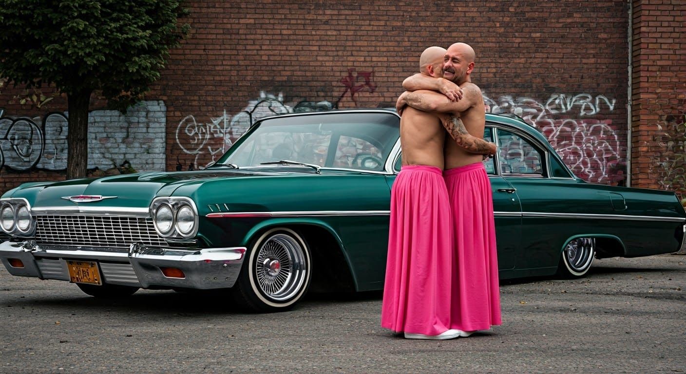 Bald Men in Pink Skirts Hugging by Lowrider