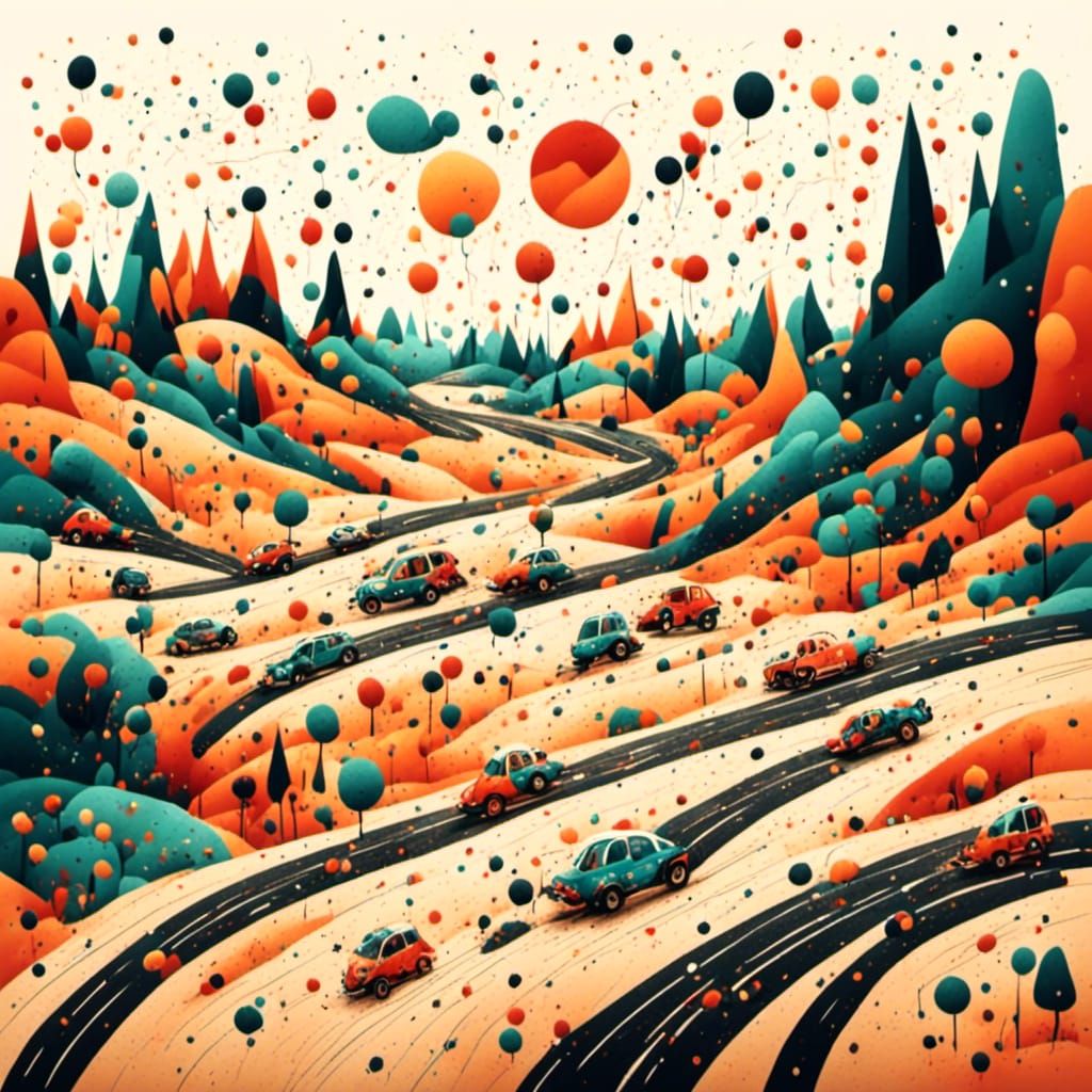 Surreal Desert Death Race in Abstract Style