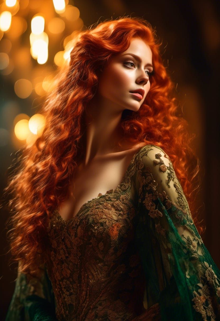 Red-Haired Woman in Green Lace Gown Portrait