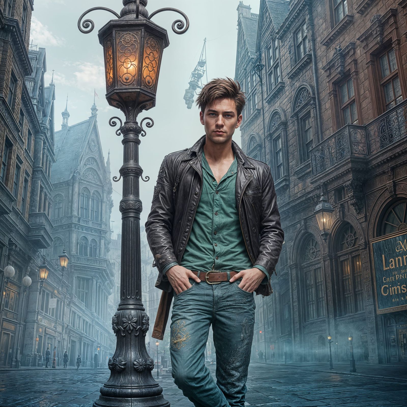 Dashing Young Stranger Leans on Lampost in Vibrant Scene