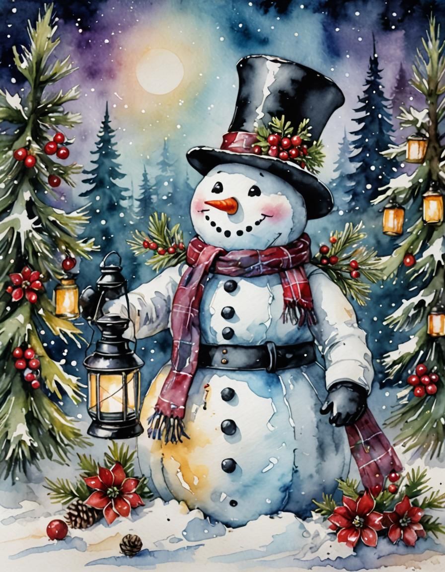 Snowman with Christmas Decorations in Watercolor Style