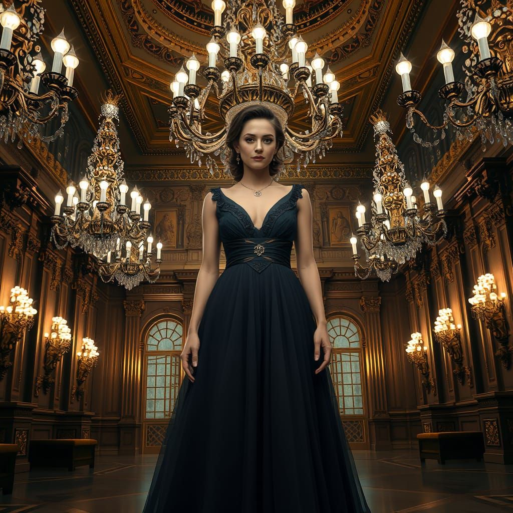 Elegant Woman in Ballroom, Digital Painting and 3D Render