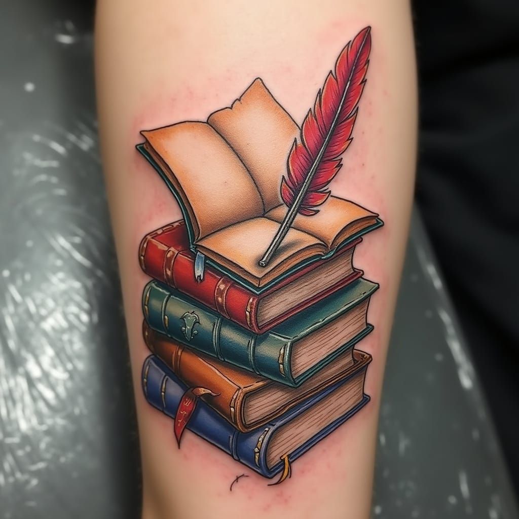 Intricate Tattoo Design with Books and Quill