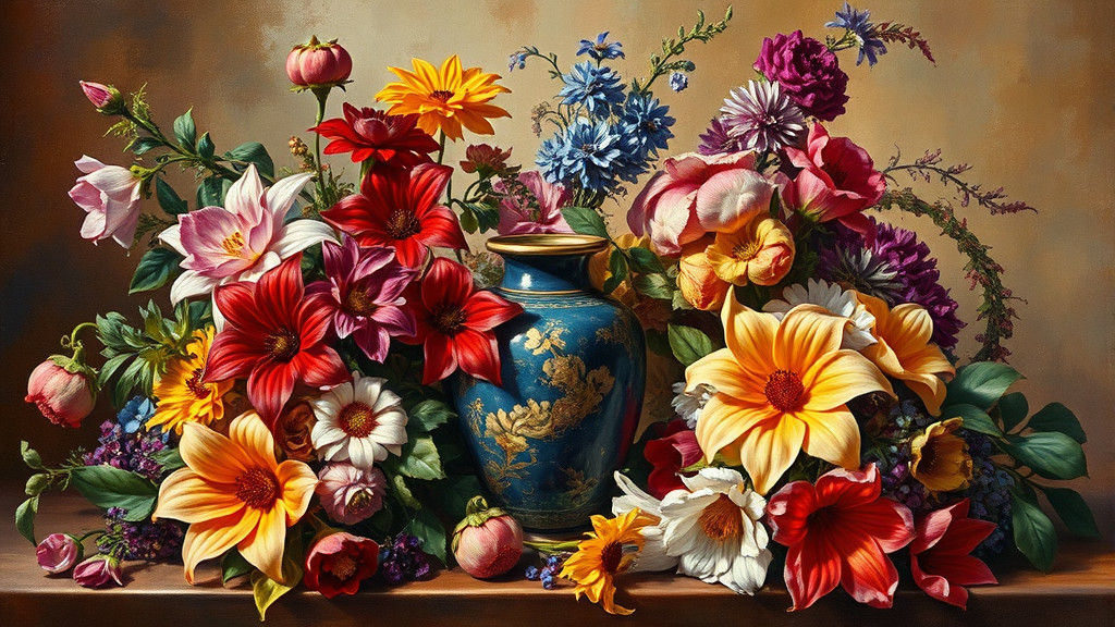 Lush Still Life with Kolyu Vase, Impressionist Style