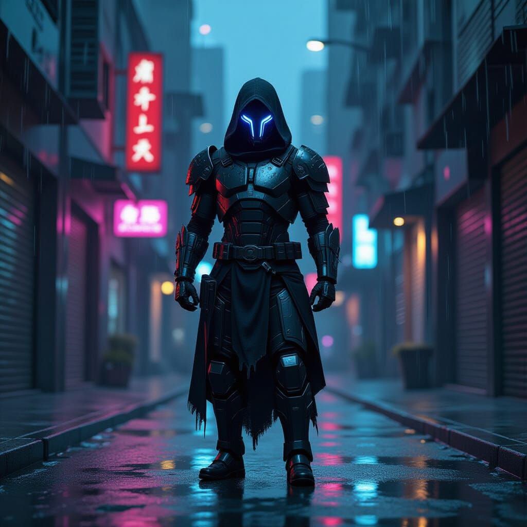Cyborg Warrior in Neon Cyberpunk Alleyway