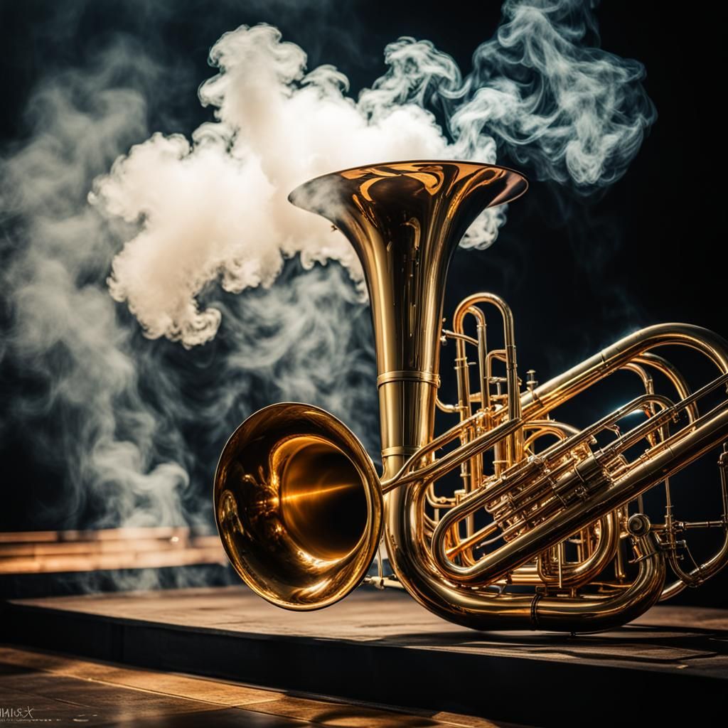 Surreal Brass Instrument Emitting Smoke on Stage