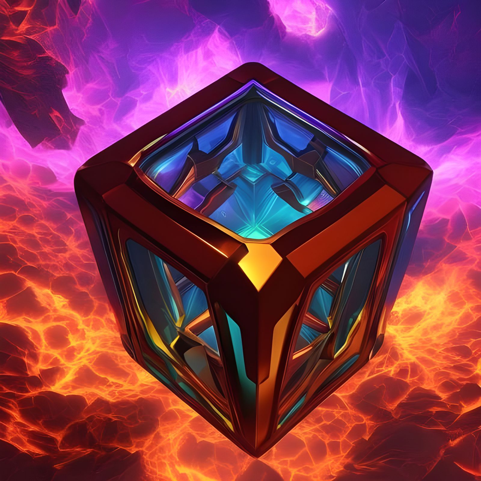 Geometric Psychedelic in Glass Cube: 3D Digital Art