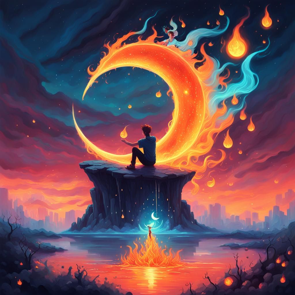 Flaming Crescent Moon with Fairy, Splash Art Style