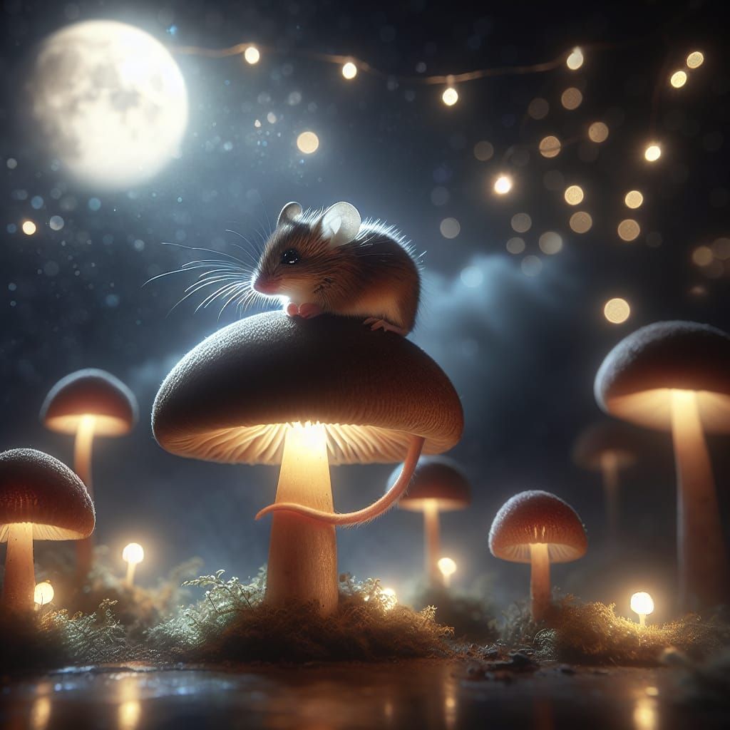 Cute Mouse on Mushroom in Mystical Night Scene