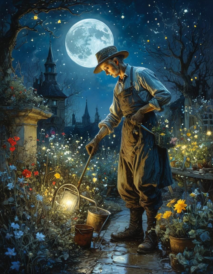 Moonlight Gardener Portrait in Golden Age Illustration Style