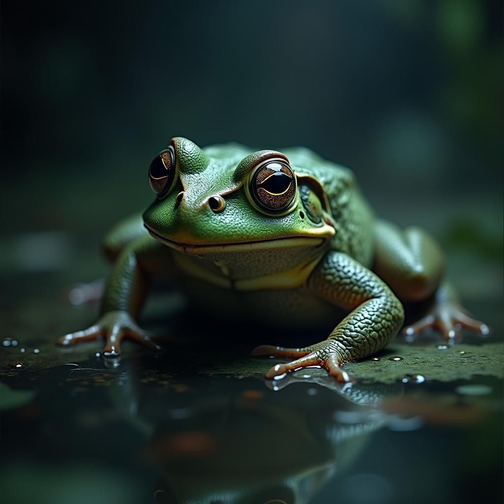 Dragon Frog in Eerie Pond: Hyperrealistic Dark Fantasy