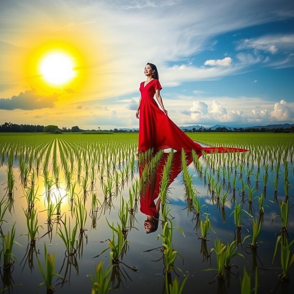Filipina Woman in Red Gown in Rice Paddy
