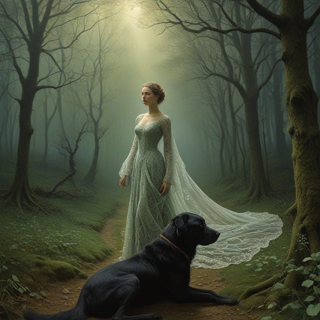 Surreal Portrait of a Woman and Her Lost Dog in a Dreamlike....