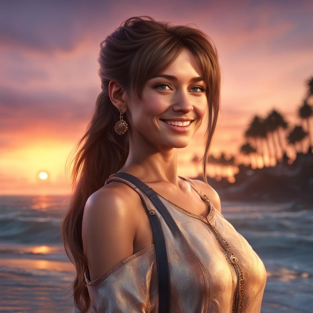 Brunette Girl Waving Goodbye at Sunset: Digital Portrait