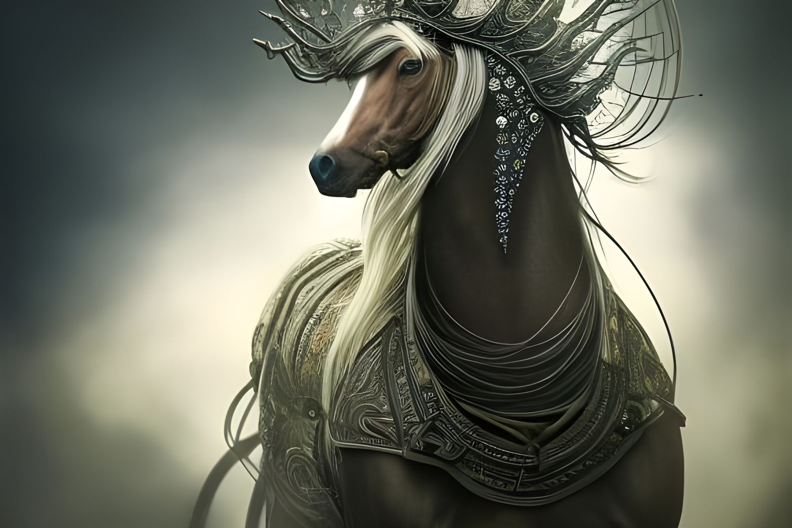 Steampunk Gothic Horse Portrait in Hyperdetailed Style