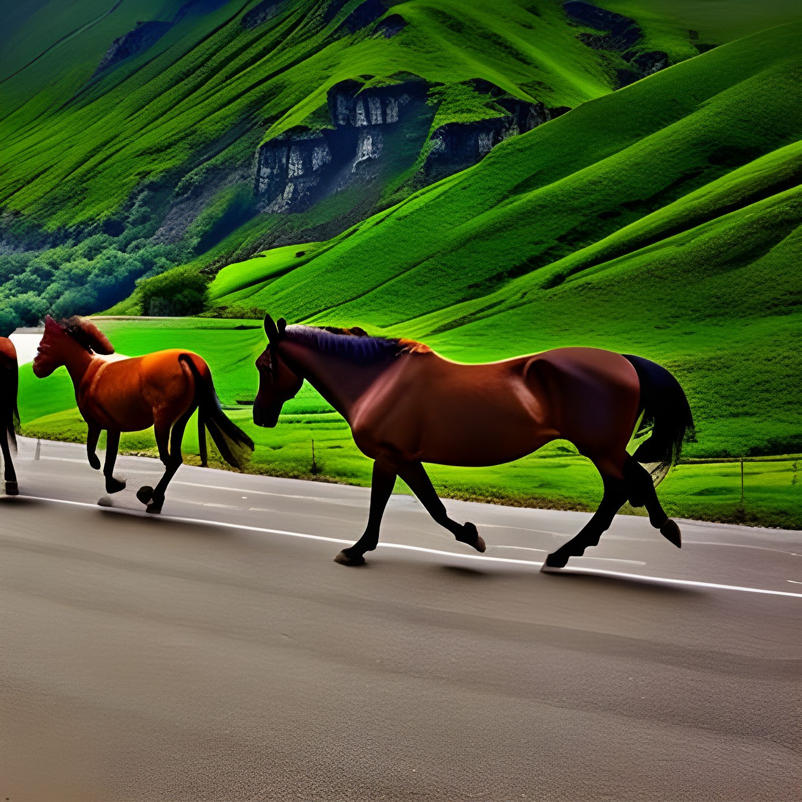 Horses Galloping Uphill: Hyperrealistic Cinematic Image
