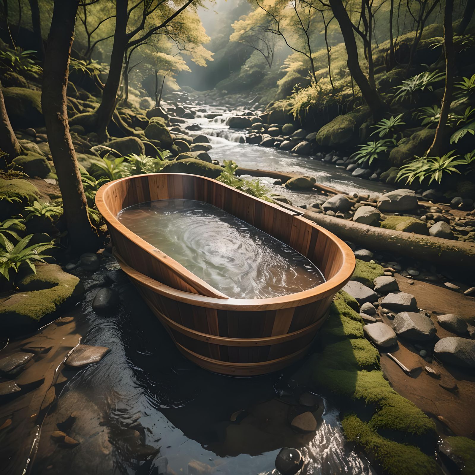 Steaming Japanese Bathtub by Brook: Cinematic Film Still