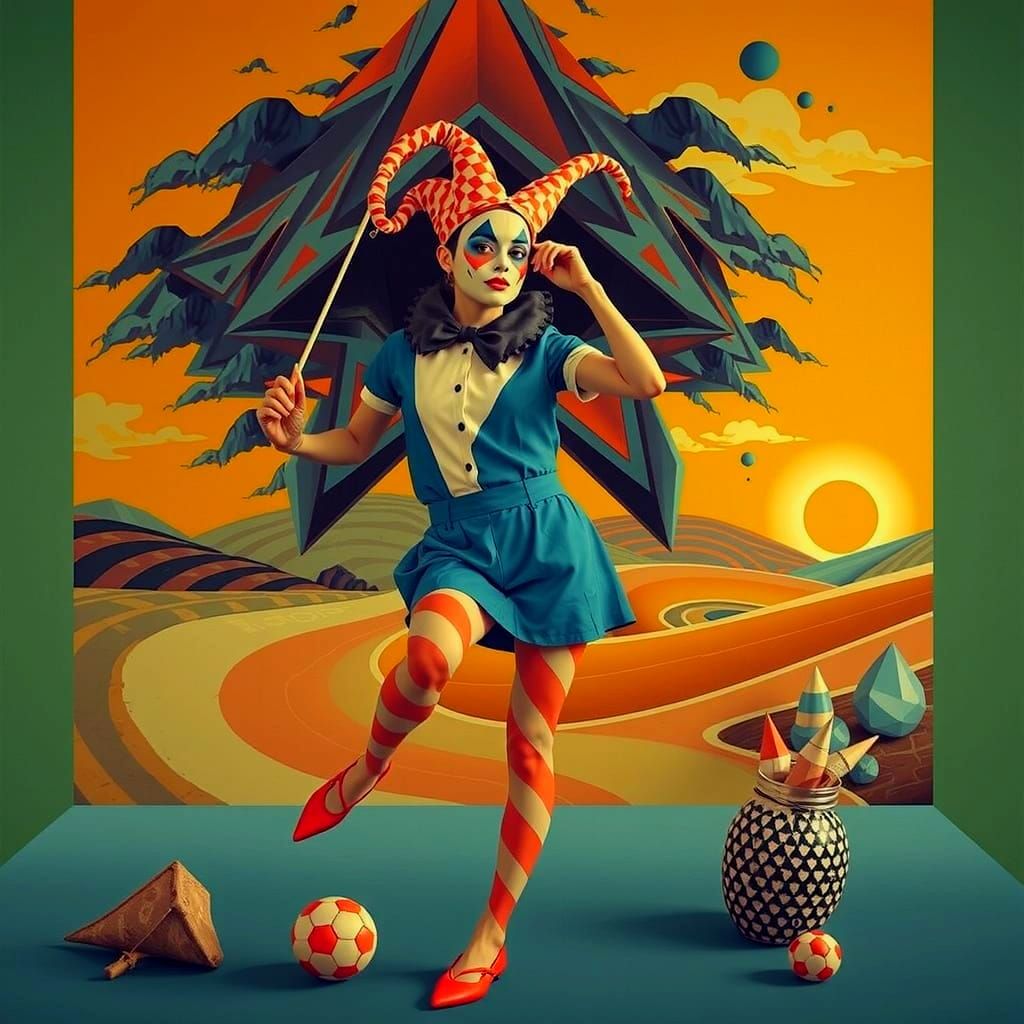 Harlequin Figure in Hypnotic Geometric Maze