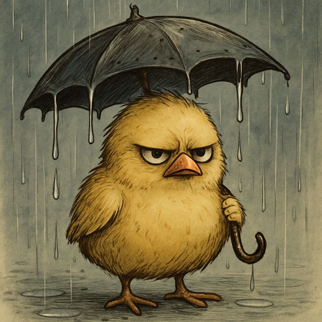 Grumpy Chick in the Rain with Umbrella