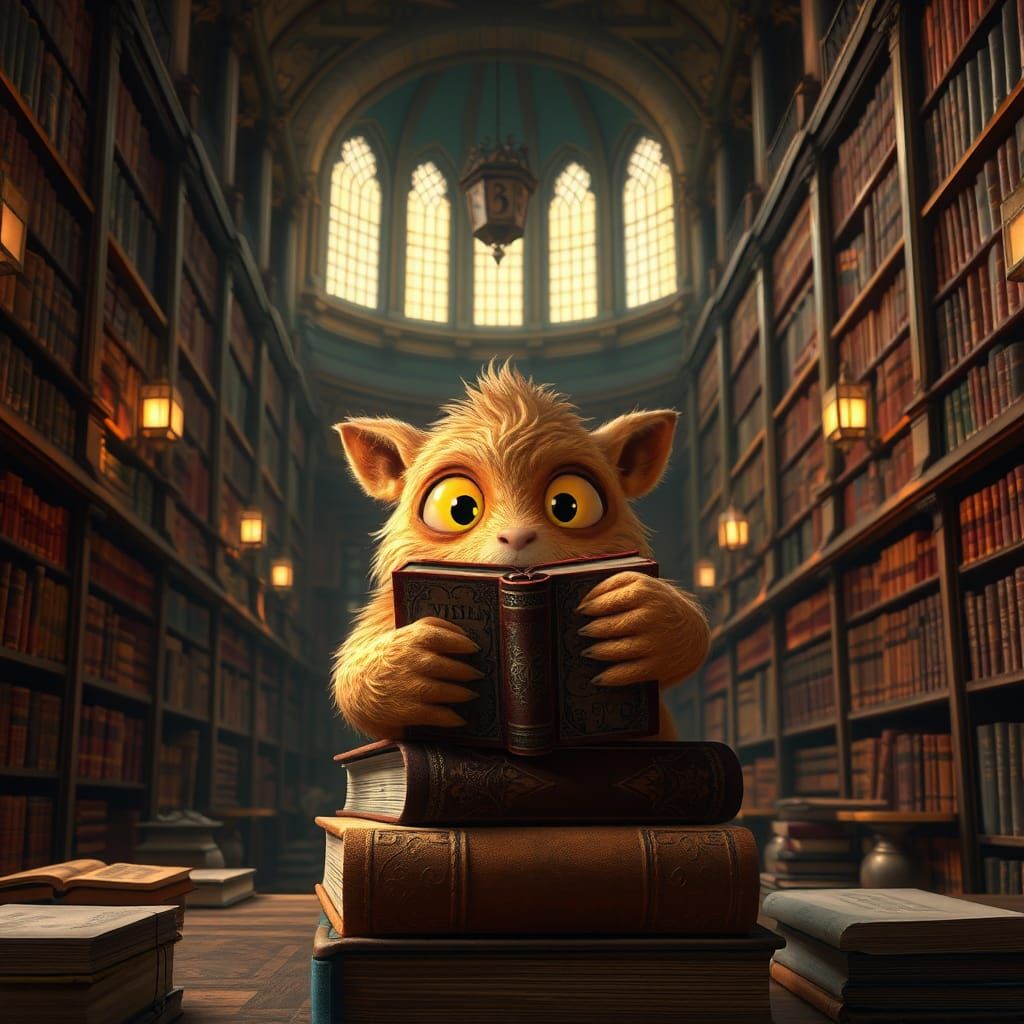 Cheerful Book Monster in University Library, Anime Style