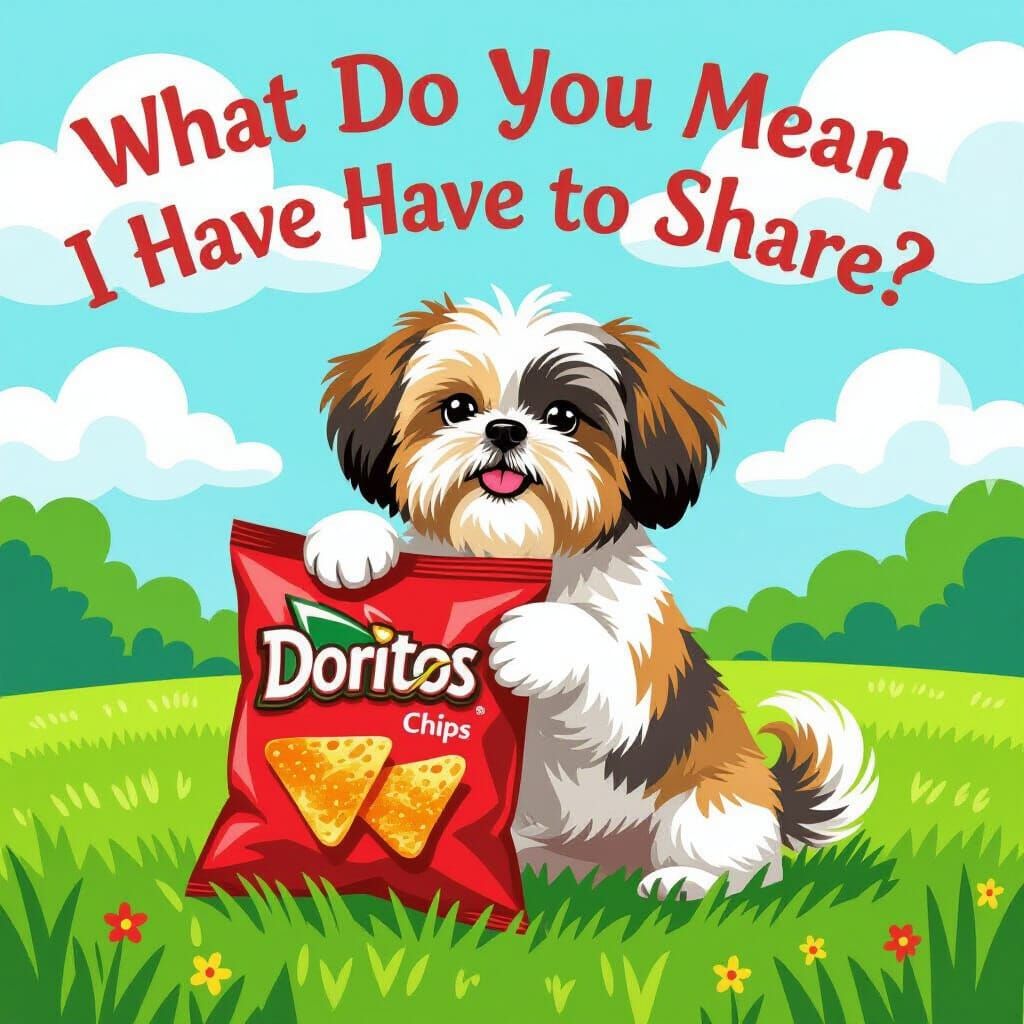 Shih Tzu with Doritos Bag, Whimsical Illustration