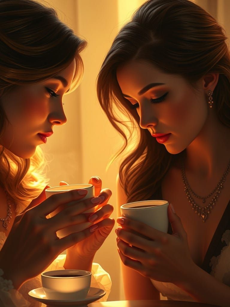 Elegant Women in Warm Golden Lighting, Sipping Coffee