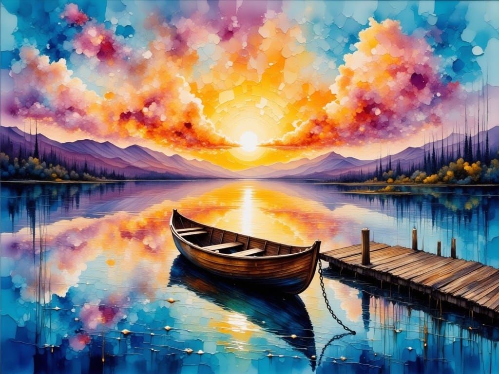 Impasto Oil Painting of a Tranquil Rowboat at Sunrise