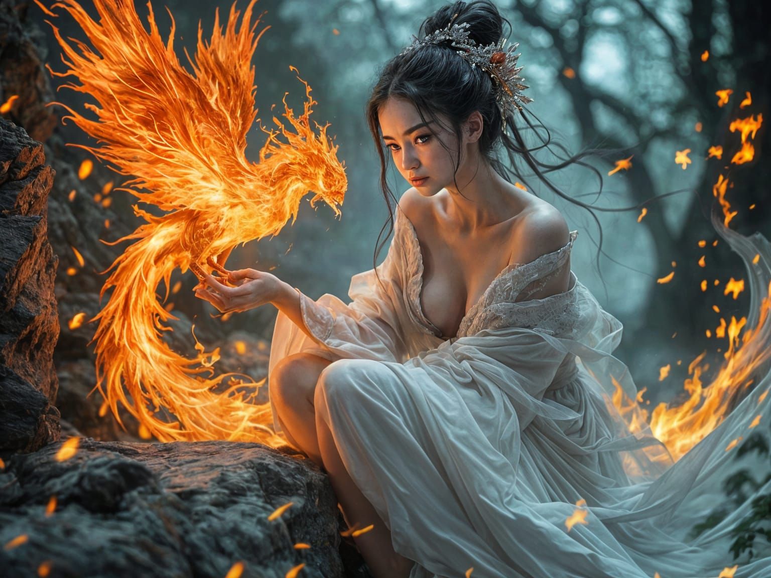 Geisha with Phoenix on Cliff, Realistic Fantasy Art