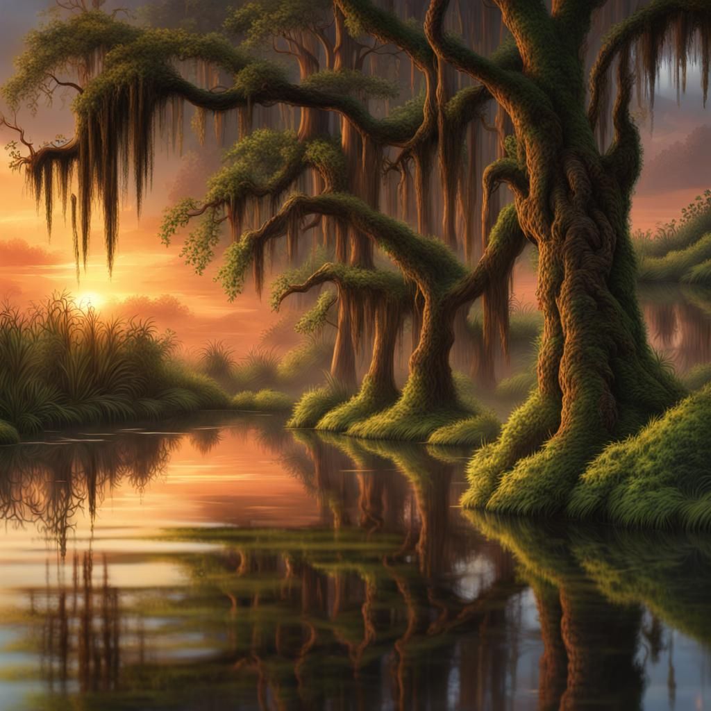 Louisiana Bayou Sunset Reflection in Matte Painting