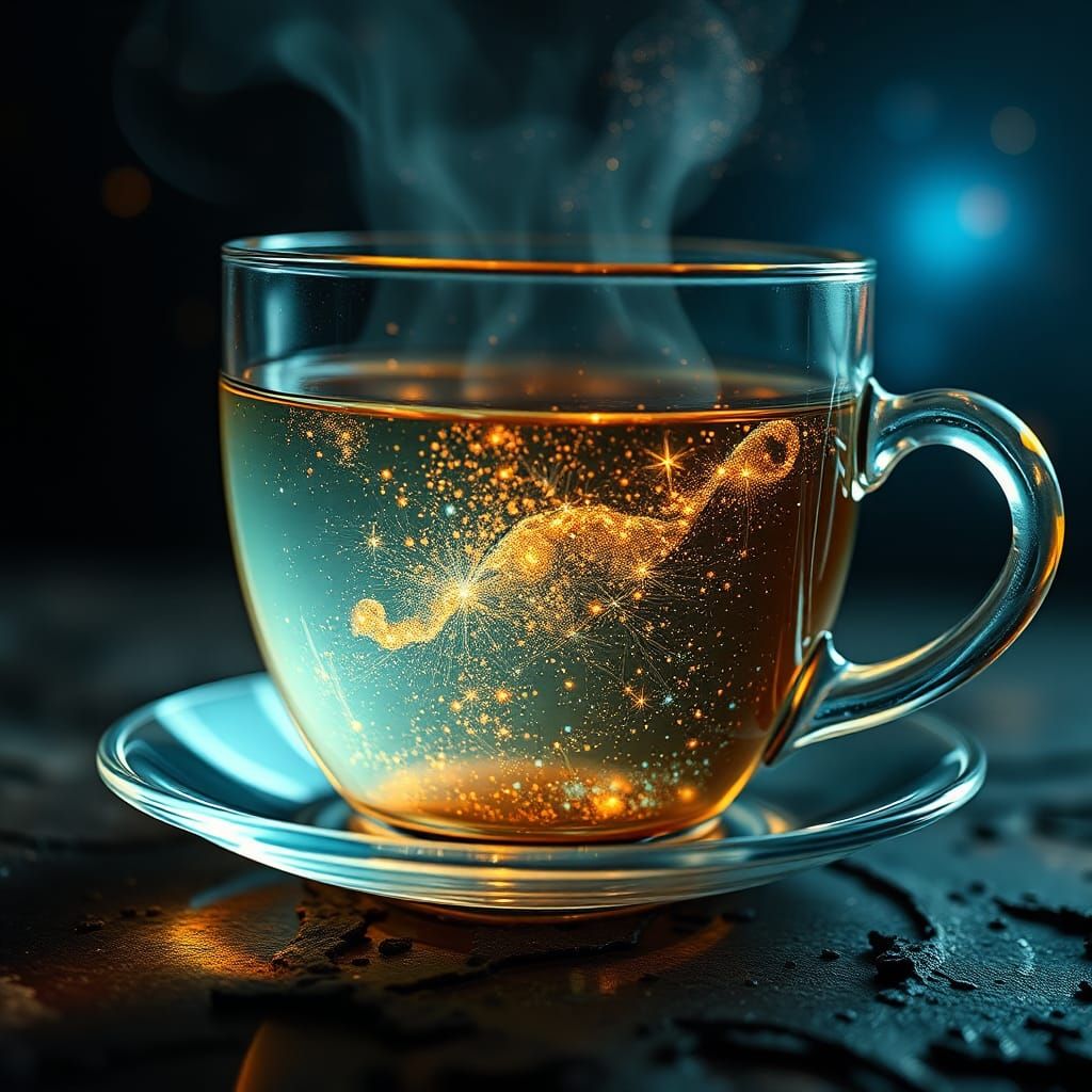 Sparkling Galaxies Form in Glass Cup: Digital Art