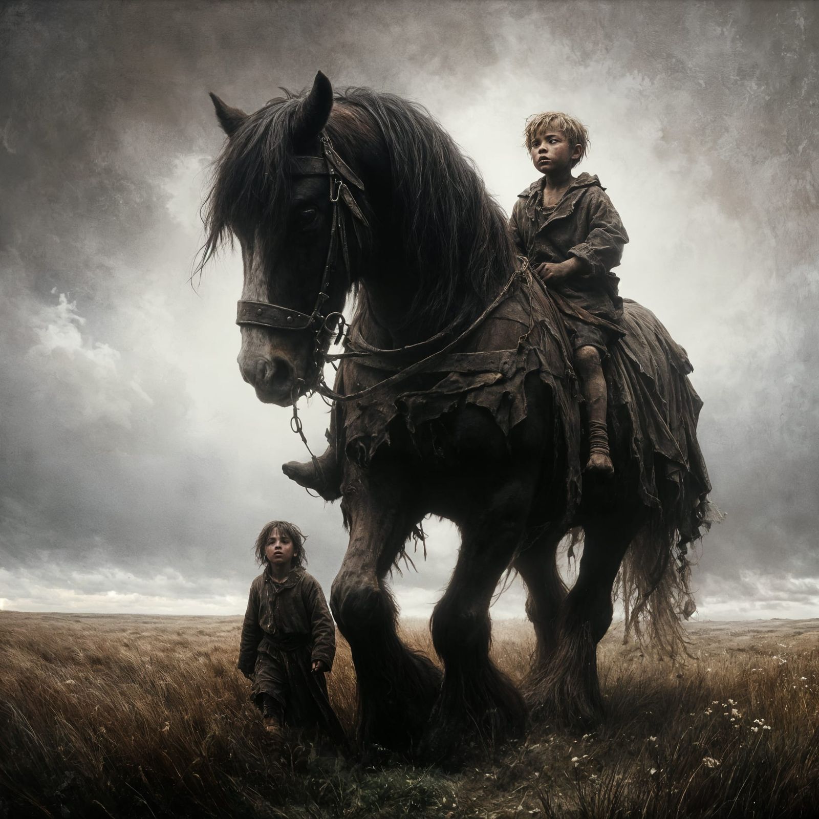Medieval Child on a Clydesdale in Tenebrist Oil Painting
