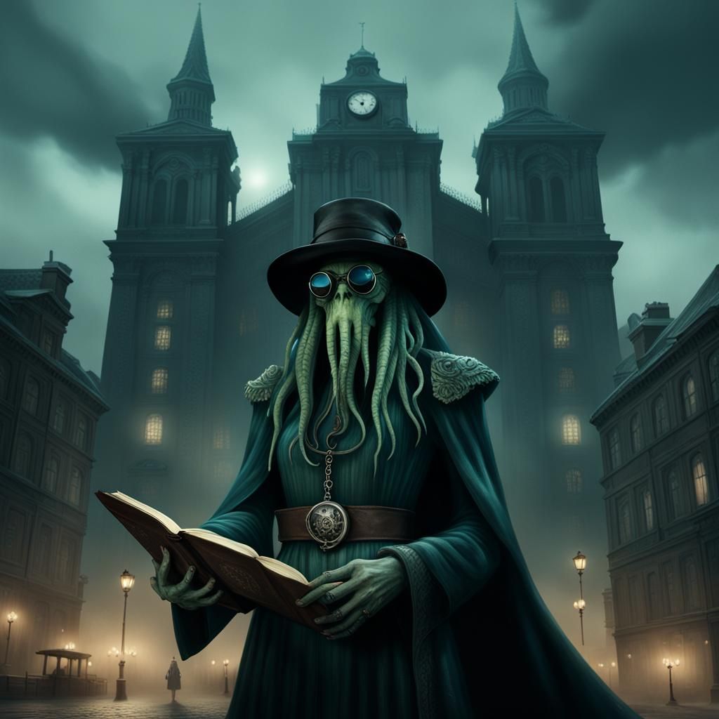 Cthulhu as Model in Dark Gothic Cityscape