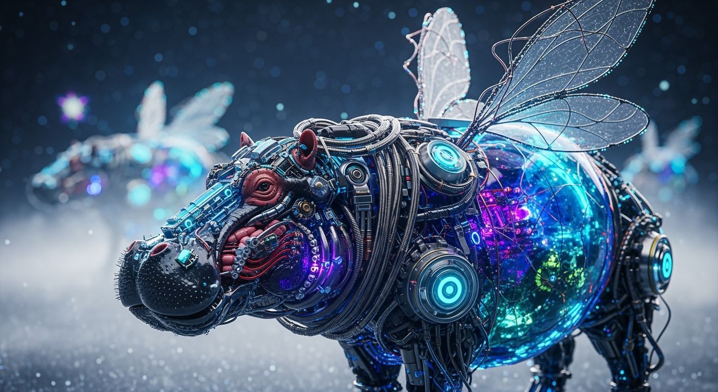 Cyborg Hippo Transformed to Glass Nebulae in 3D Render
