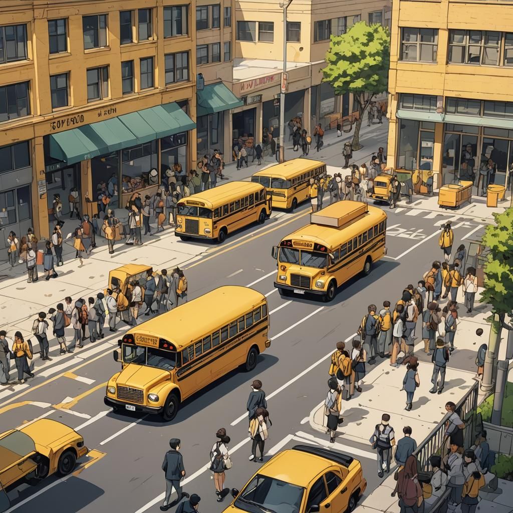 American School and Yellow Bus in Anime Style