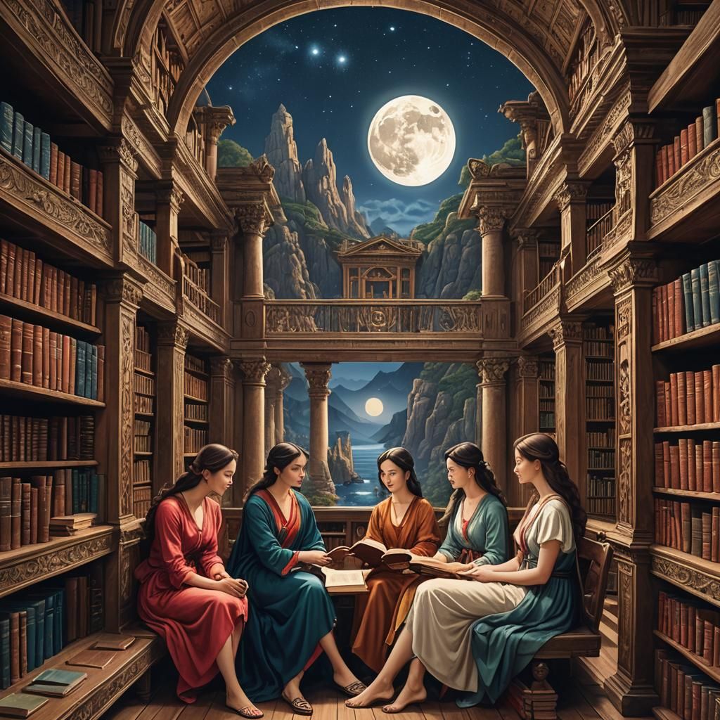 Women in Ancient Library at Moonrise: Hyperrealistic