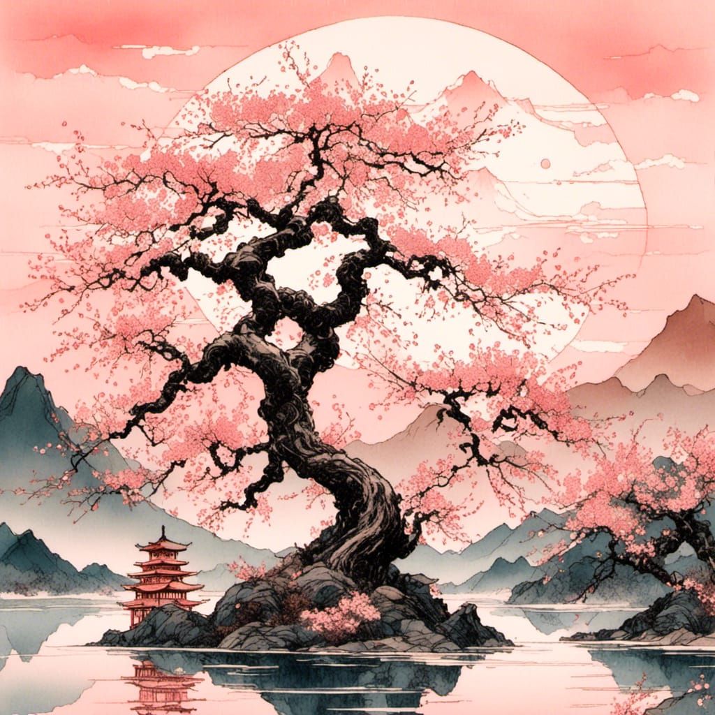 Sakura Tree by Lake: Ukiyo-e Style Woodblock Print