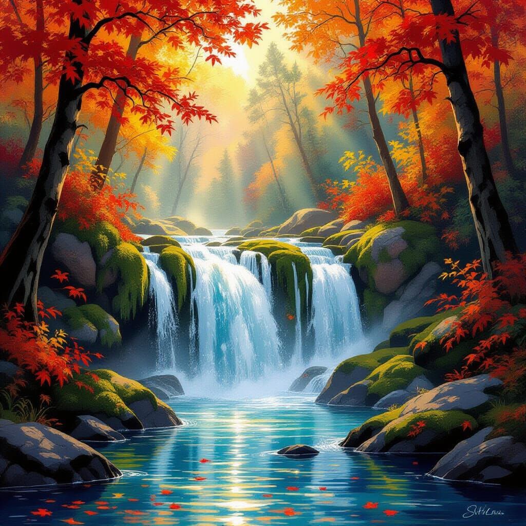 Enchanted Autumn Waterfall in Whimsical Style