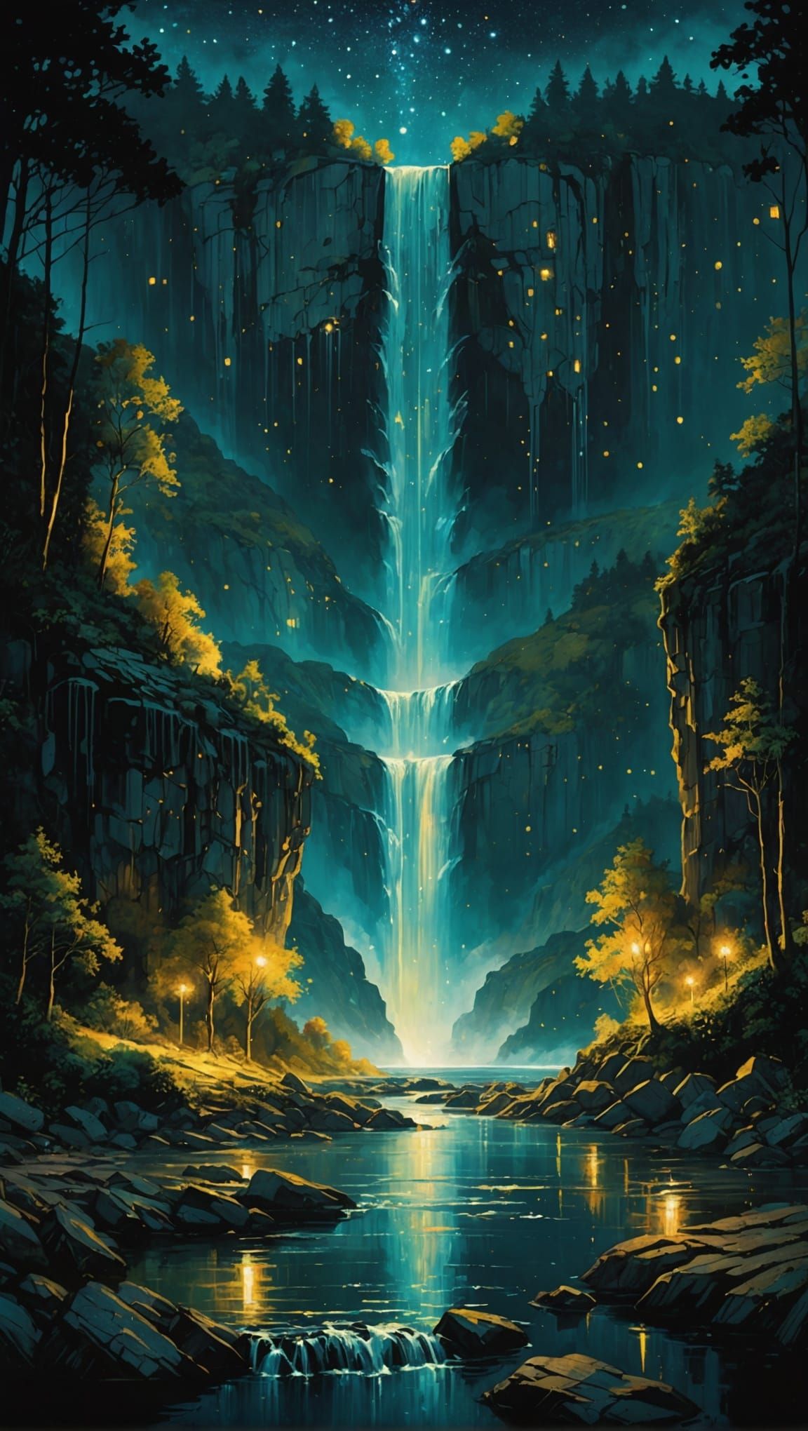 Night Waterfall Fantasy Painting in Alcohol Inks