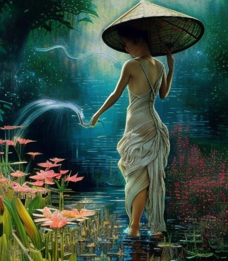 Harvesting Water Lilies in Vietnam: A Digital Illustration