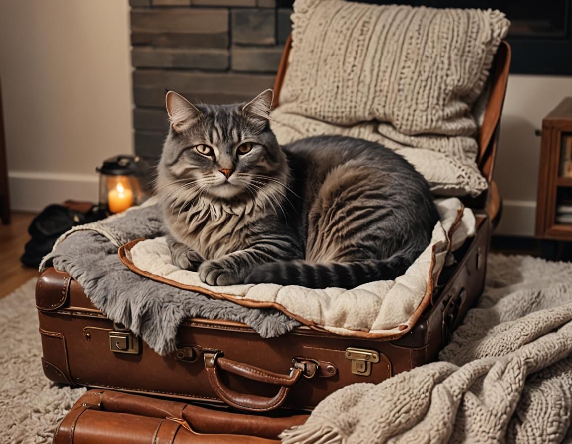 Grey Cat Napping in Suitcase by Fireplace