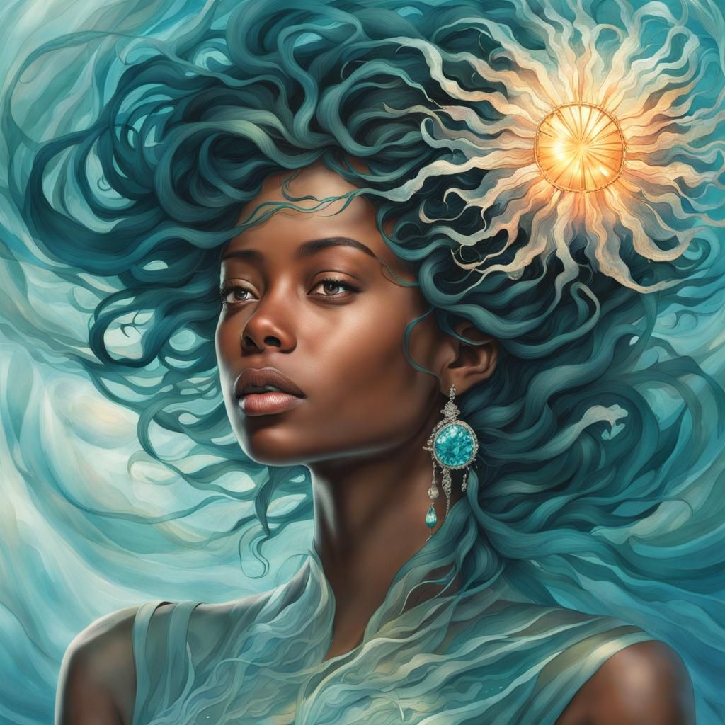Young Woman with Sea-Inspired Hair, Surreal Digital Art