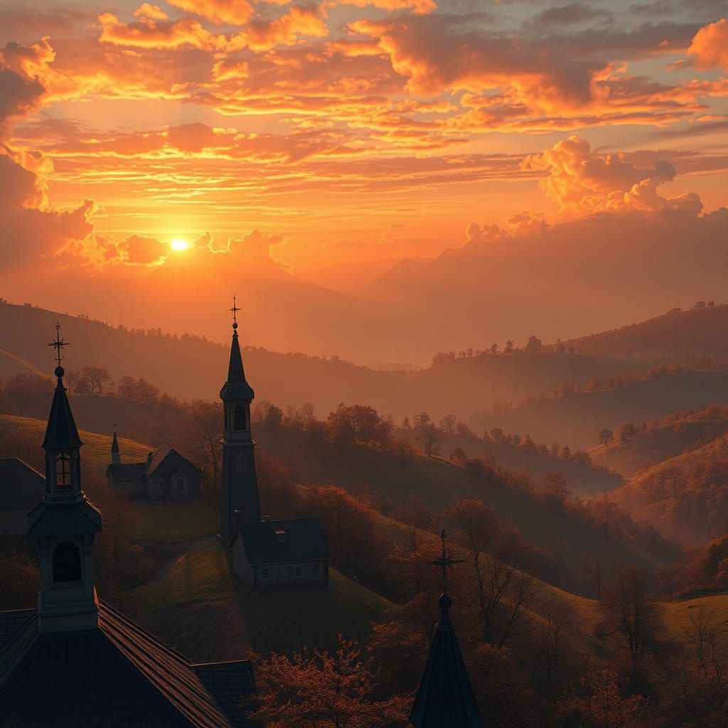 Fantastical Sunset Valley Landscape in Vibrant Hues