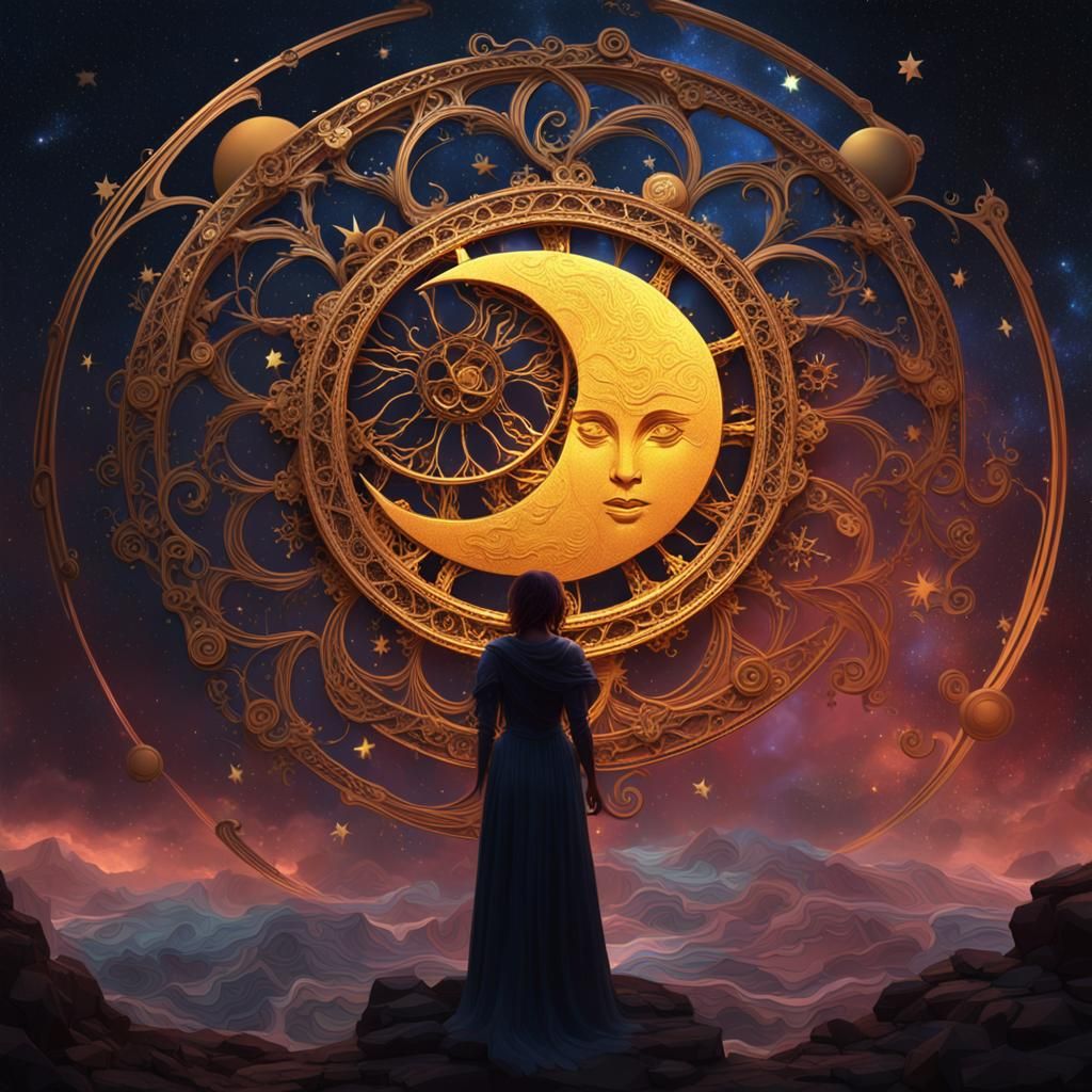 Psychedelic Woman in Canoe Under Moon