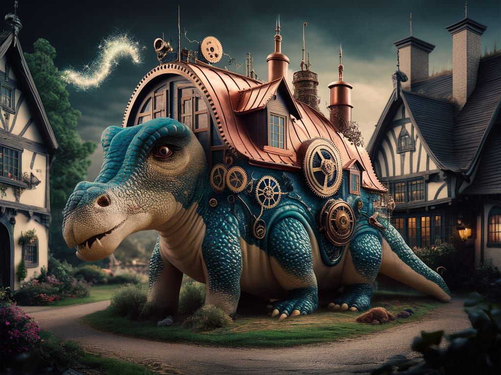Steampunk Diplodocus House in Village, Hyperrealistic Photo