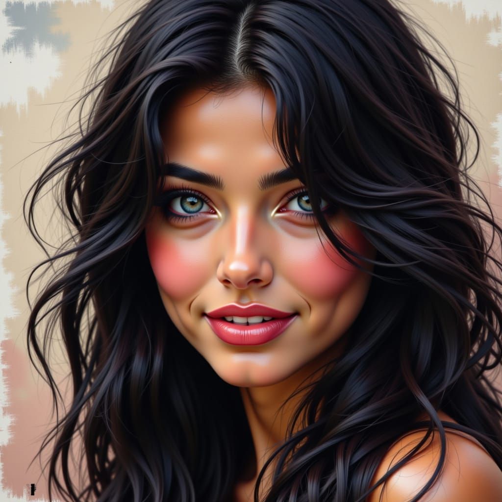 Watercolor portrait. Close-up. Girl with long black wavy hair, looking straight ahead. Expressive brushstrok...